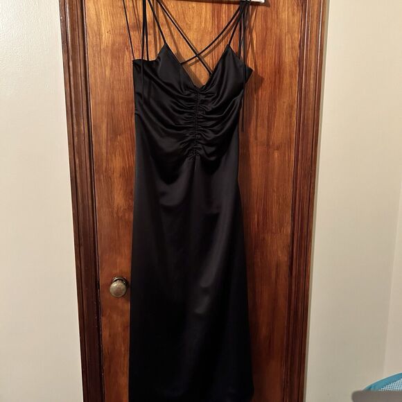 Jason Wu Dress Black Satin Midi Women's Small Ruched Silky Slip Strappy Back Tie - Picture 3 of 11